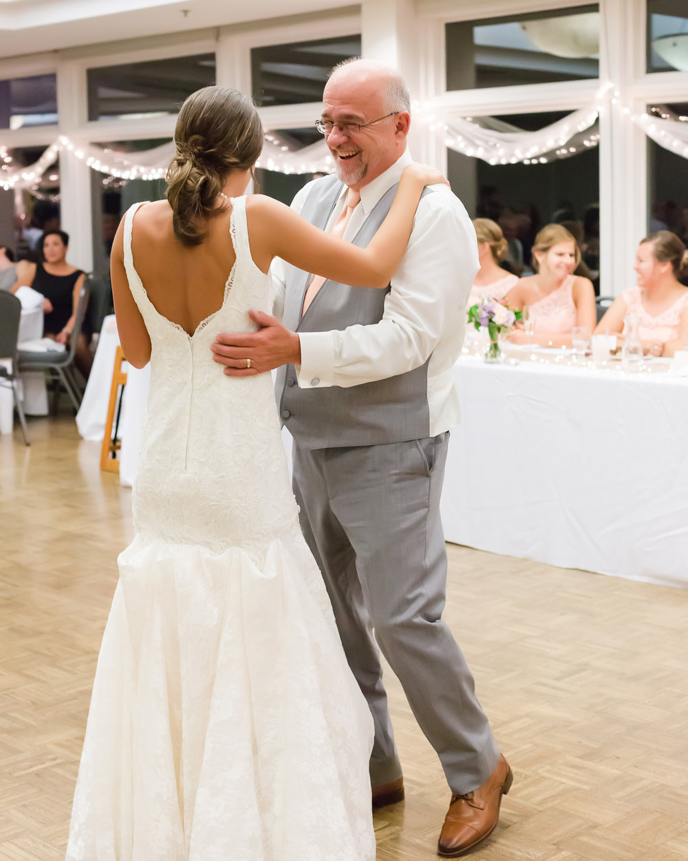 SSP fall wedding|bride and father| peach and gray wedding| reception