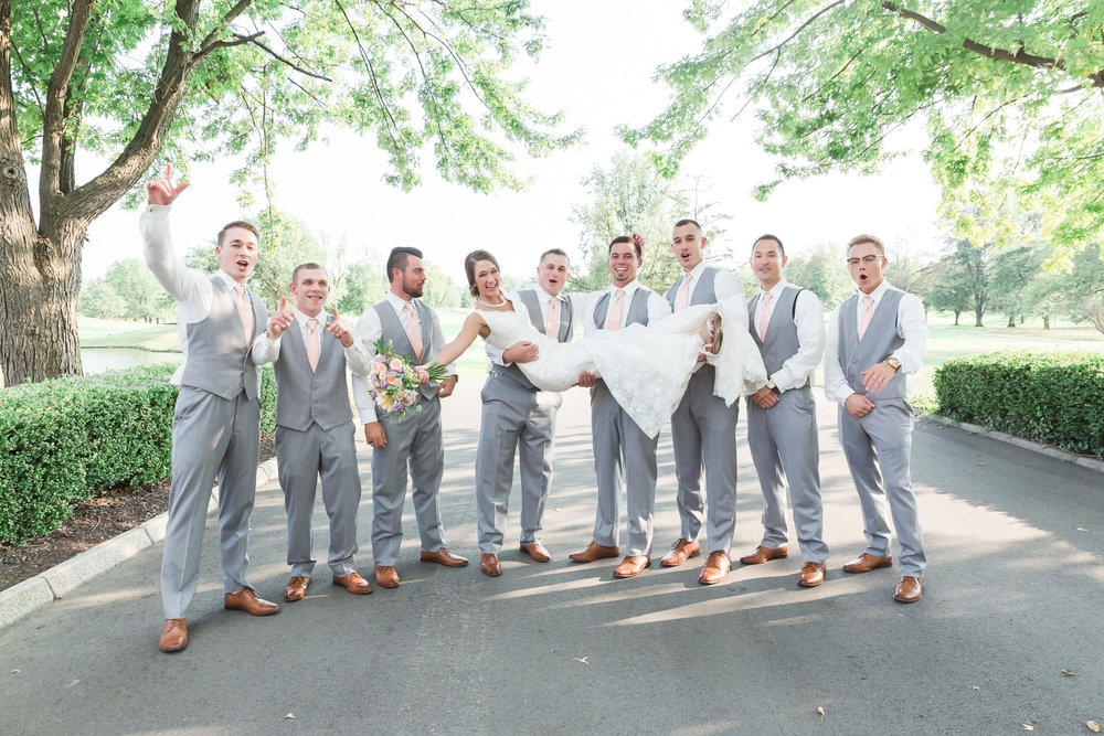 SSP fall wedding|bridal party| peach and gray wedding