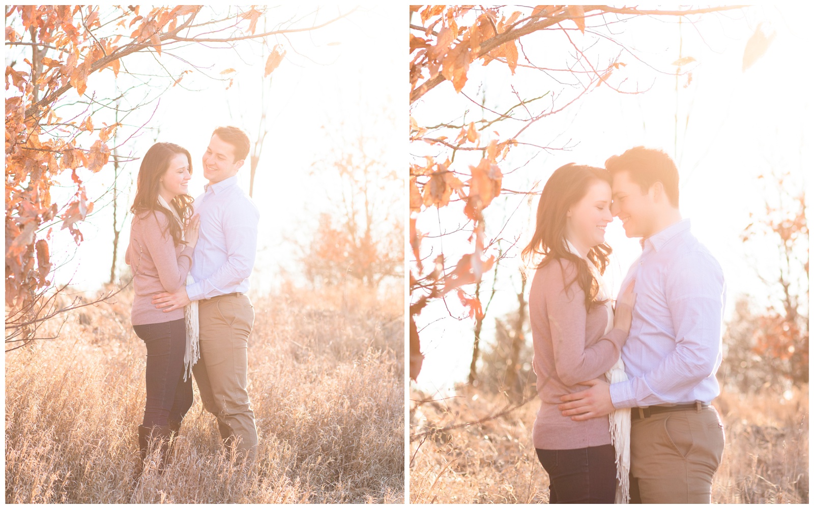 Bride and groom to be framed by oak tree with back lighting