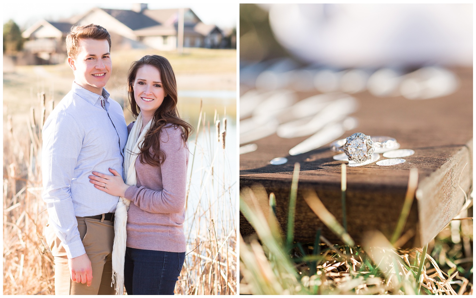 Bride and groom to be standing in front of pond looking at each other