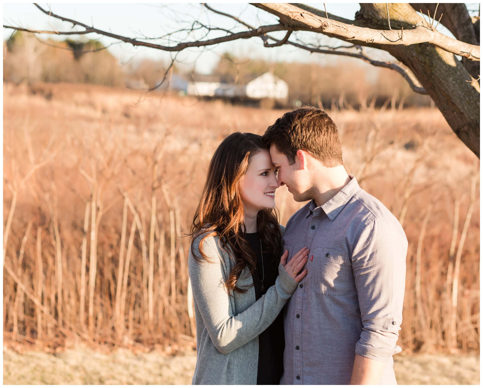 Winter engagement shoot| nature setting| couple wearing gray
