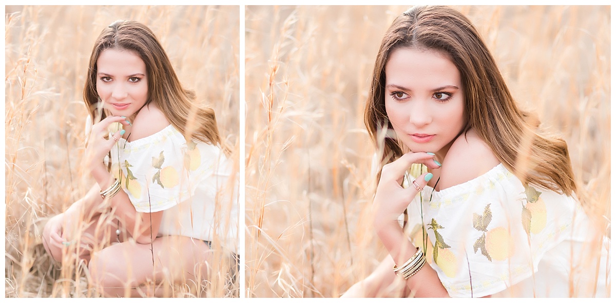 senior girl-squatting in field of wheat colored grass