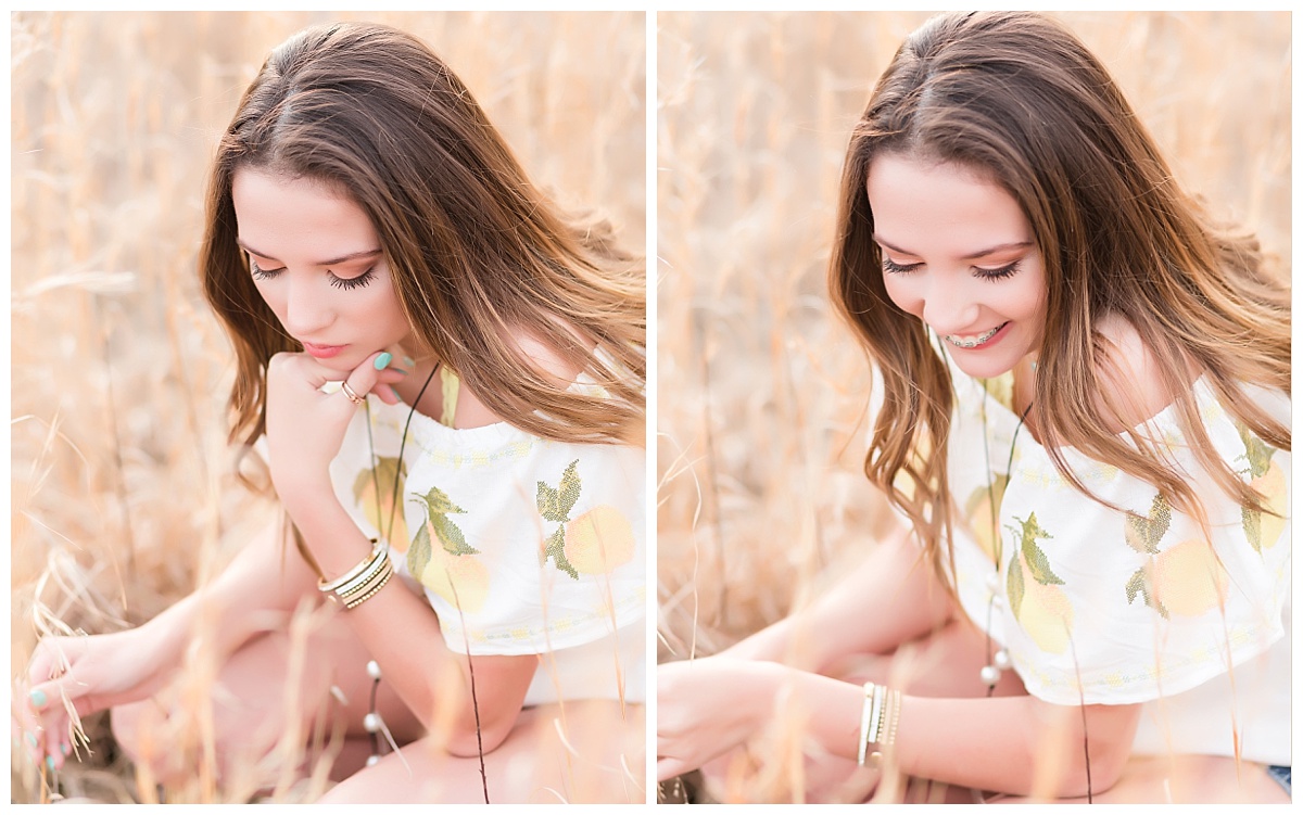 senior girl-squatting in field of wheat colored grass