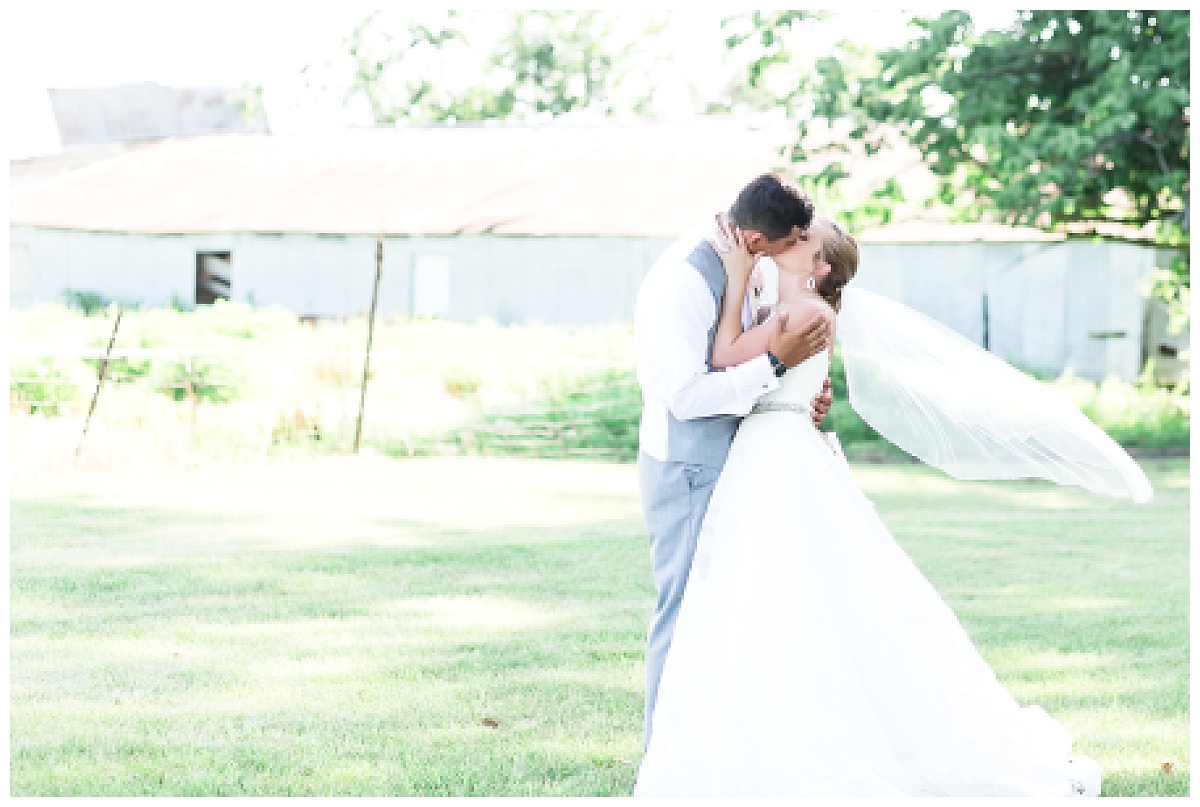 veil shot just married bride and groom kiss while brides veil floats in the breeze