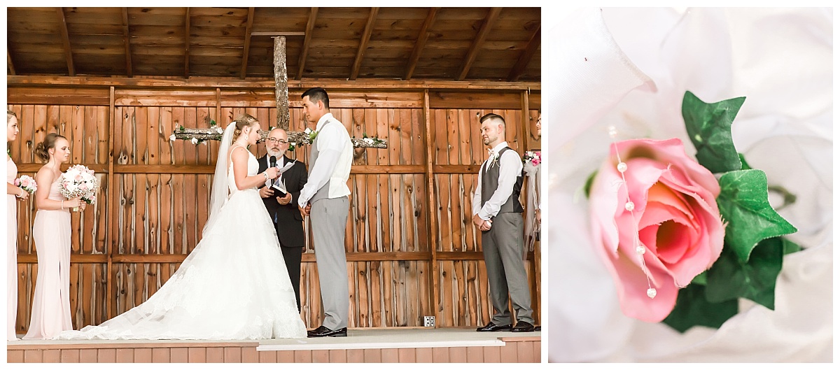Wedding ceremony bride saying vows in rustic venue