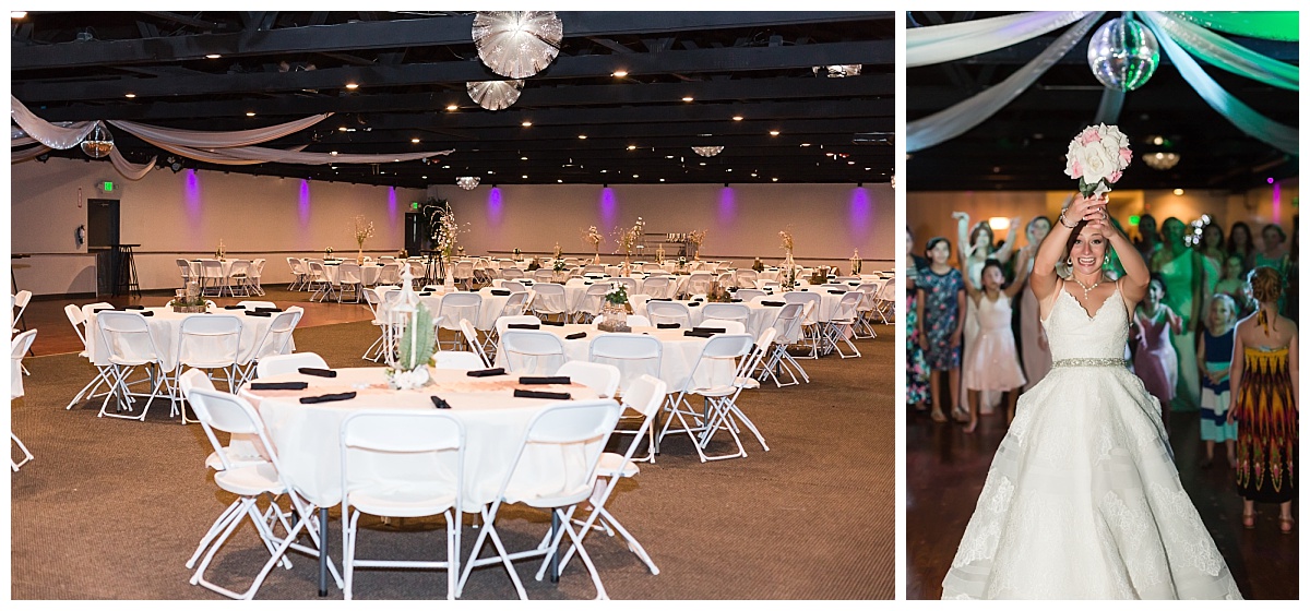 reception set up| bride tossing bouquet 