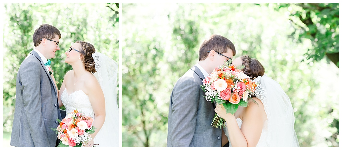 bride and groom| teal and coral wedding with gray tux