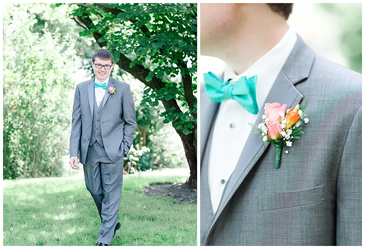 groom walking | teal bow-tie and coral boutonniere 