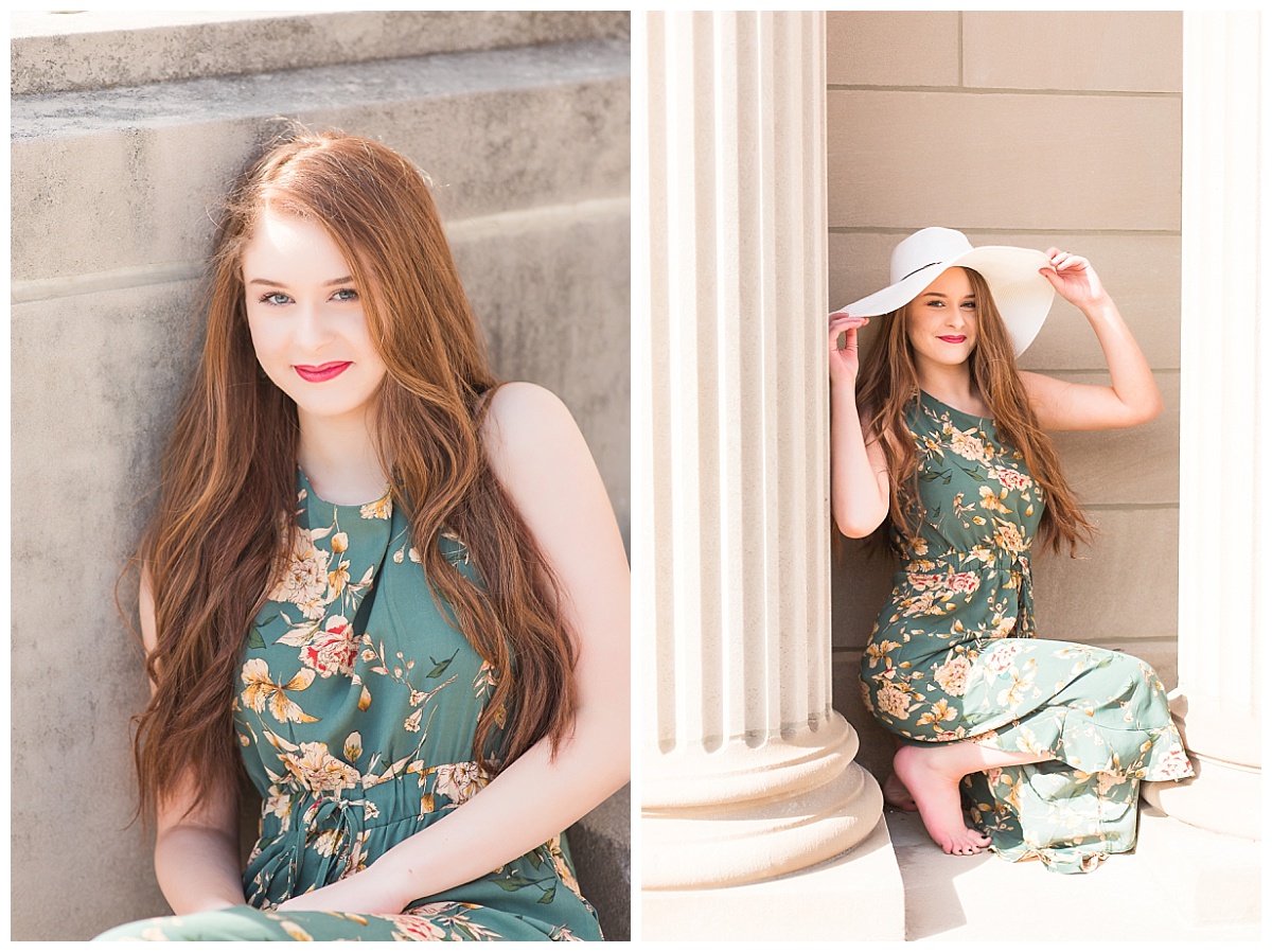 senior girl in front of historic Carnegie style library building