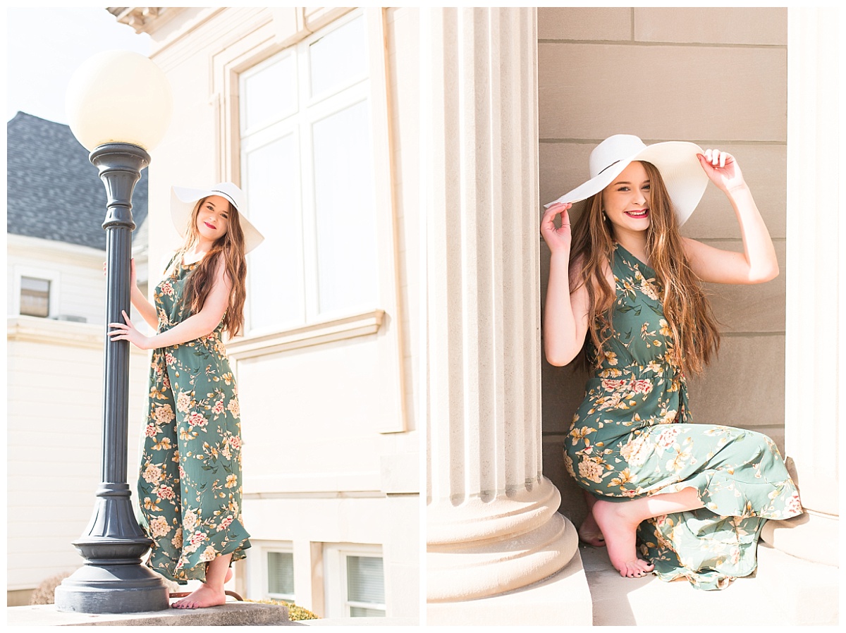 senior girl in front of Carnegie library