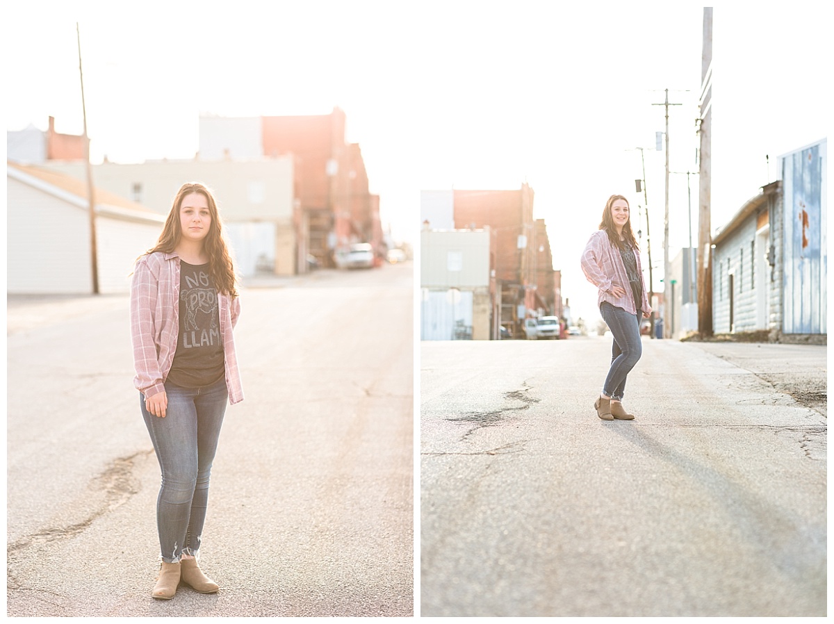 senior girl downtown at sunset