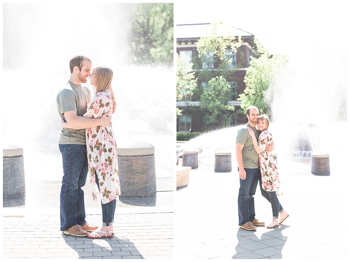 Couple in front of fountain at Purdue University