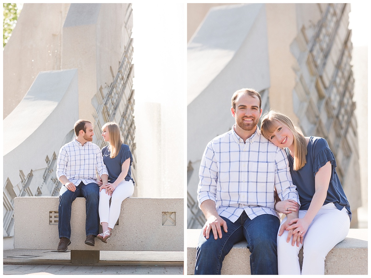 Engaged couple at Purdue University Engineering tower