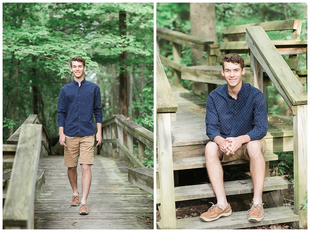 Senior guy on bridge in woods photo by Simply Seeking Photography