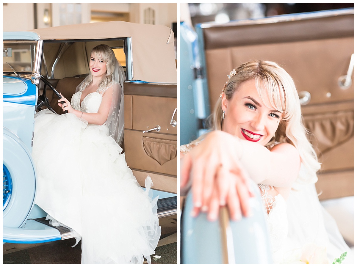 Bride in antique automobile