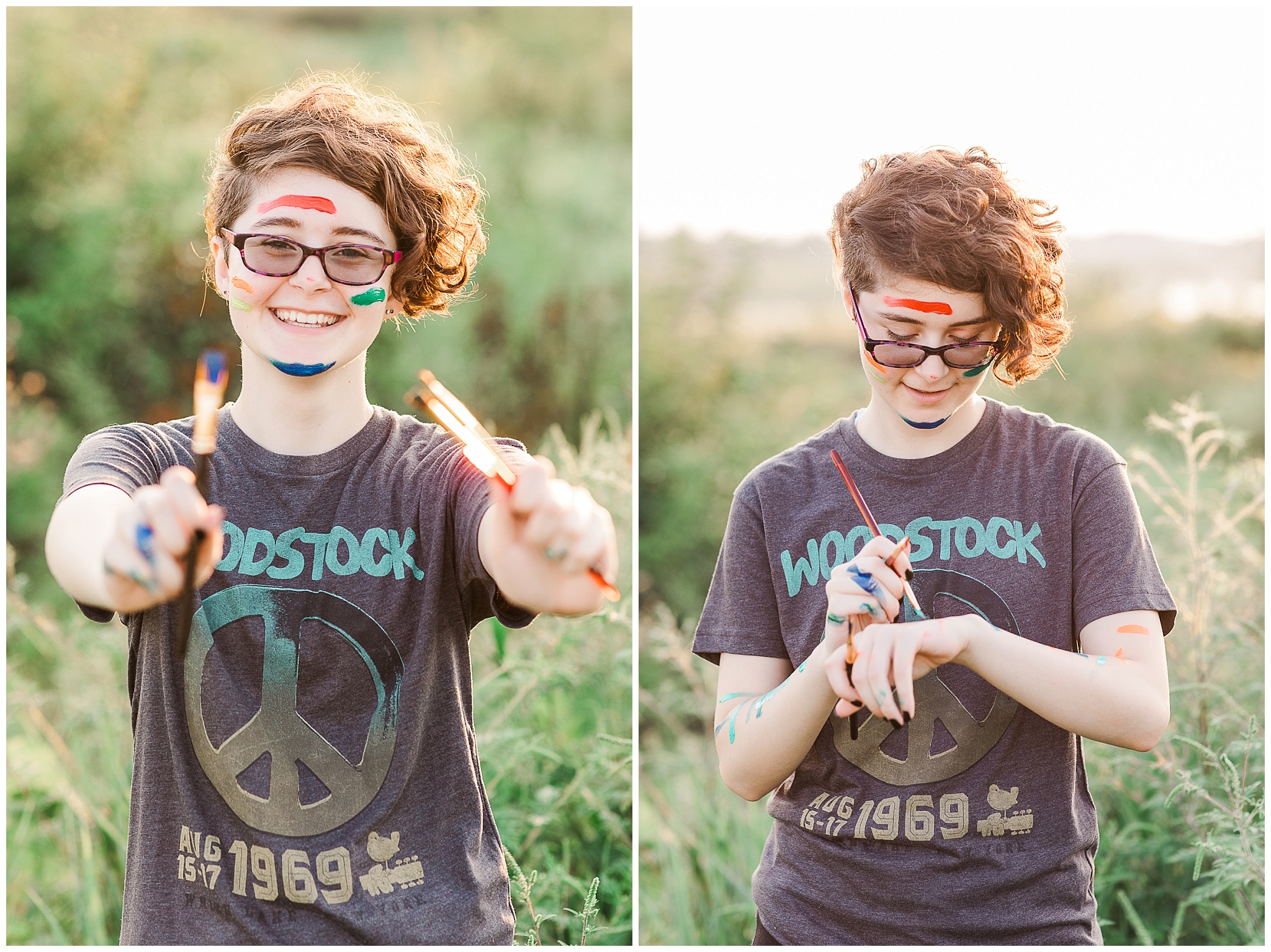 artist senior session girl with painted hands and face