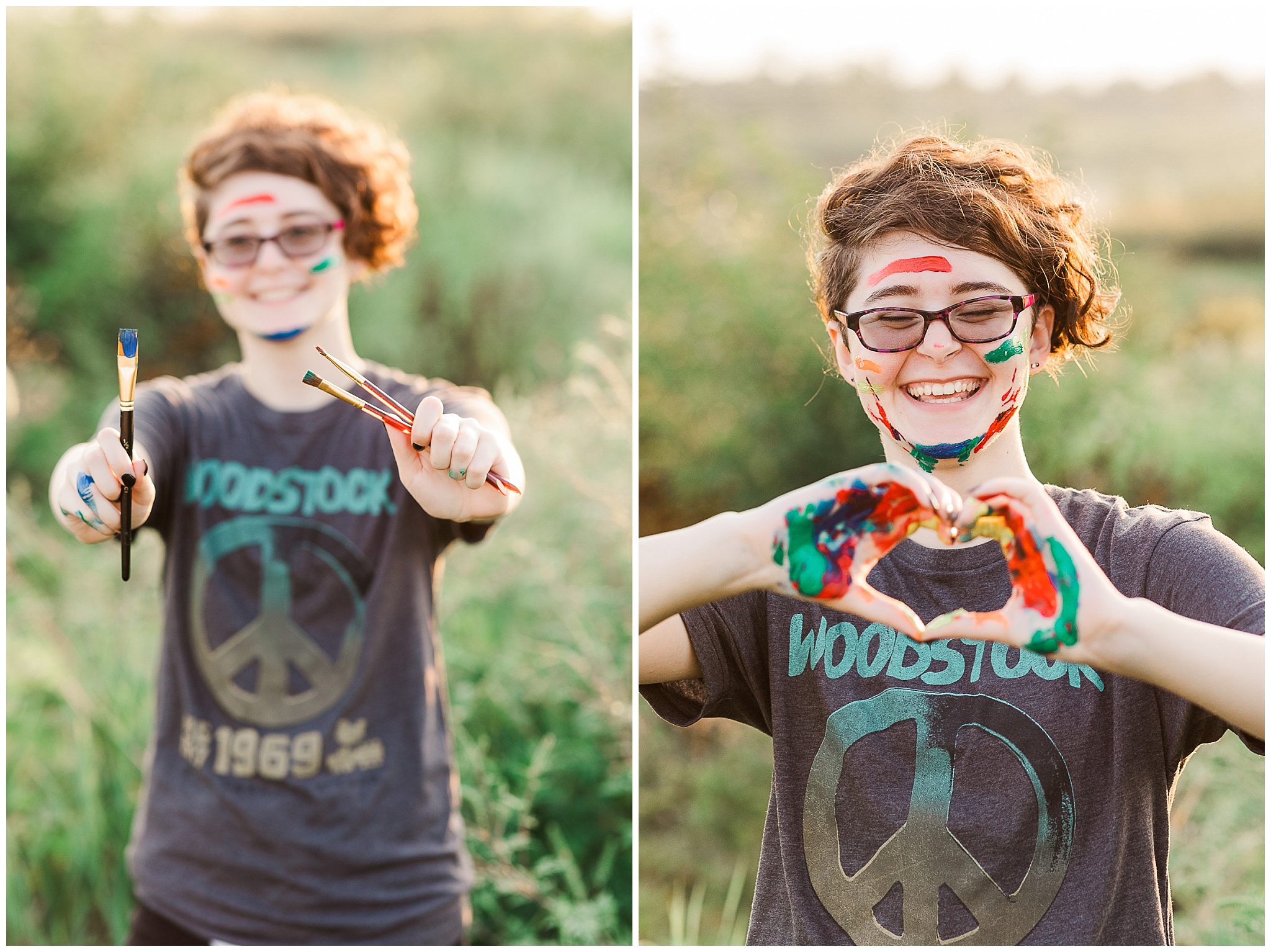 artist senior session girl with painted hands and face