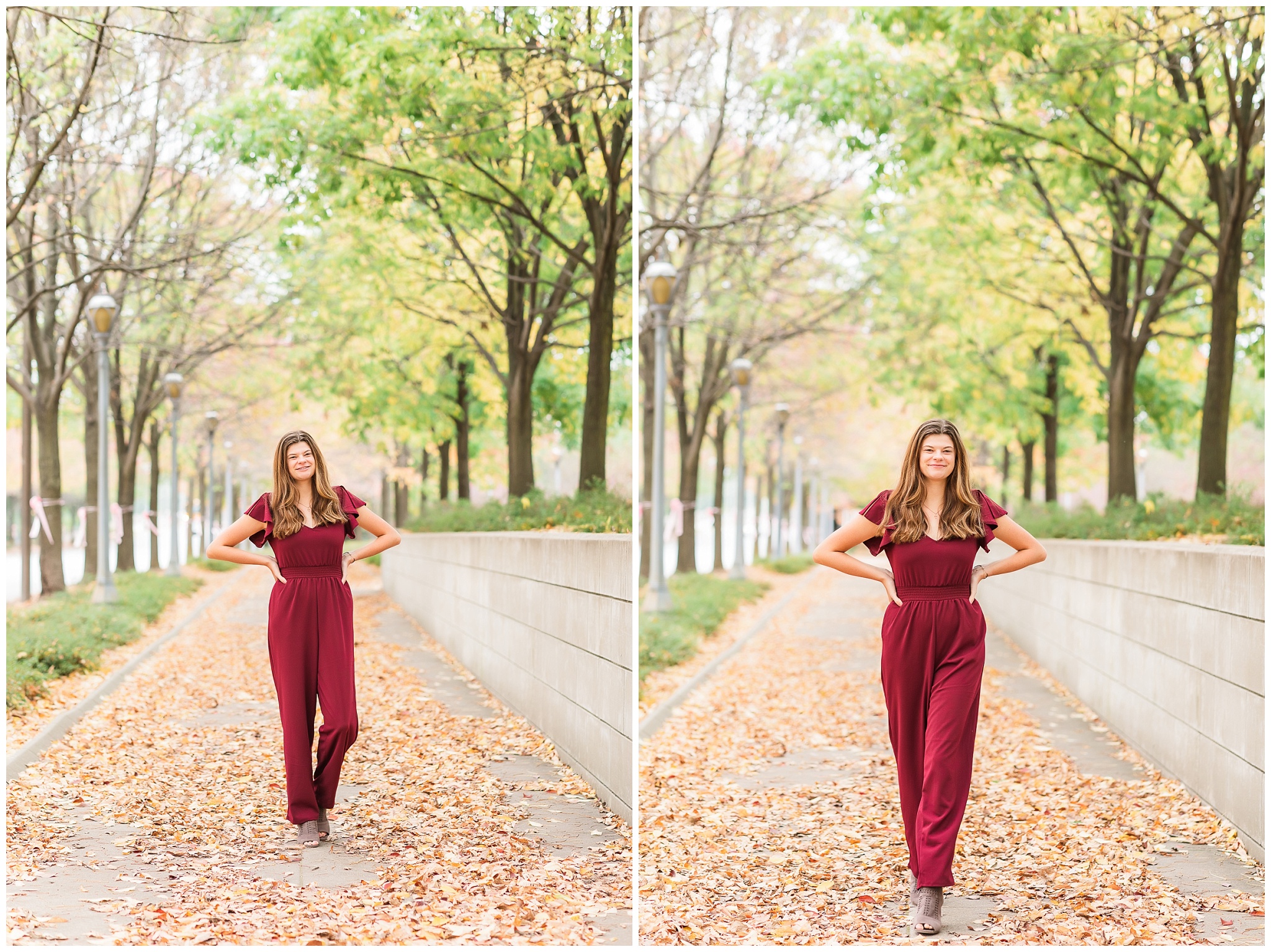 senior girl at Headwaters Park downtown Fort Wayne with fall foilage