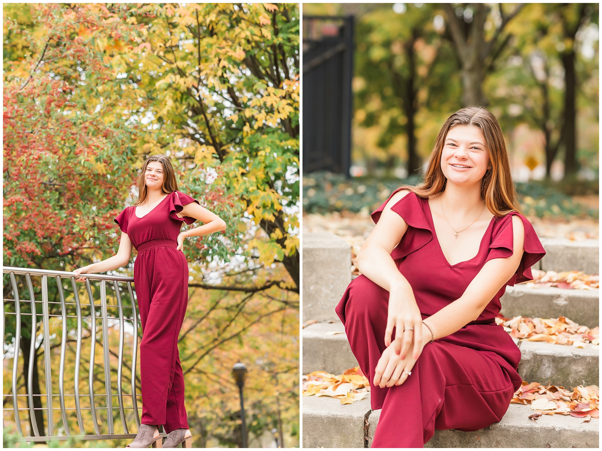 senior girl at Headwaters Park downtown Fort Wayne with fall foilage