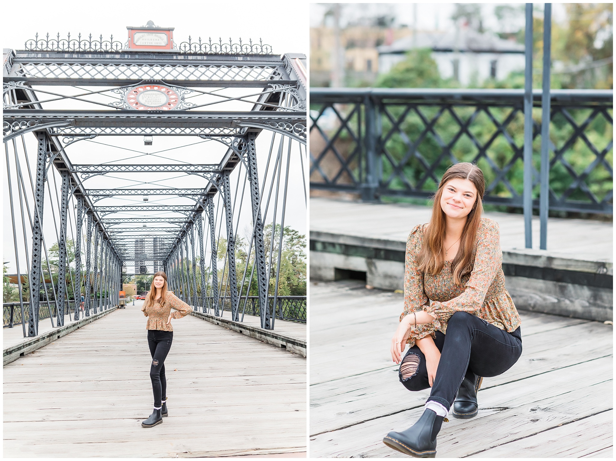 senior girl at Promenade Park downtown Fort Wayne with fall foilage
