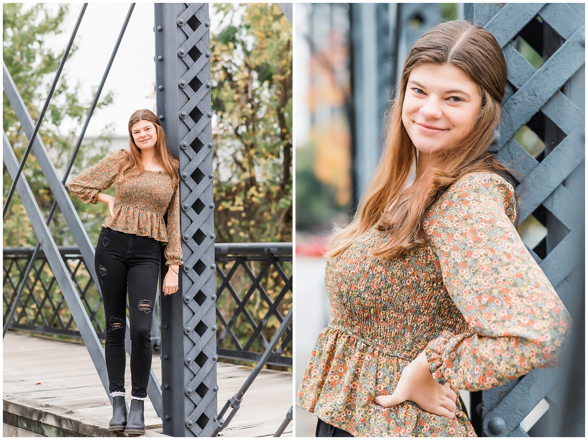 senior girl at Promenade Park downtown Fort Wayne with fall foilage