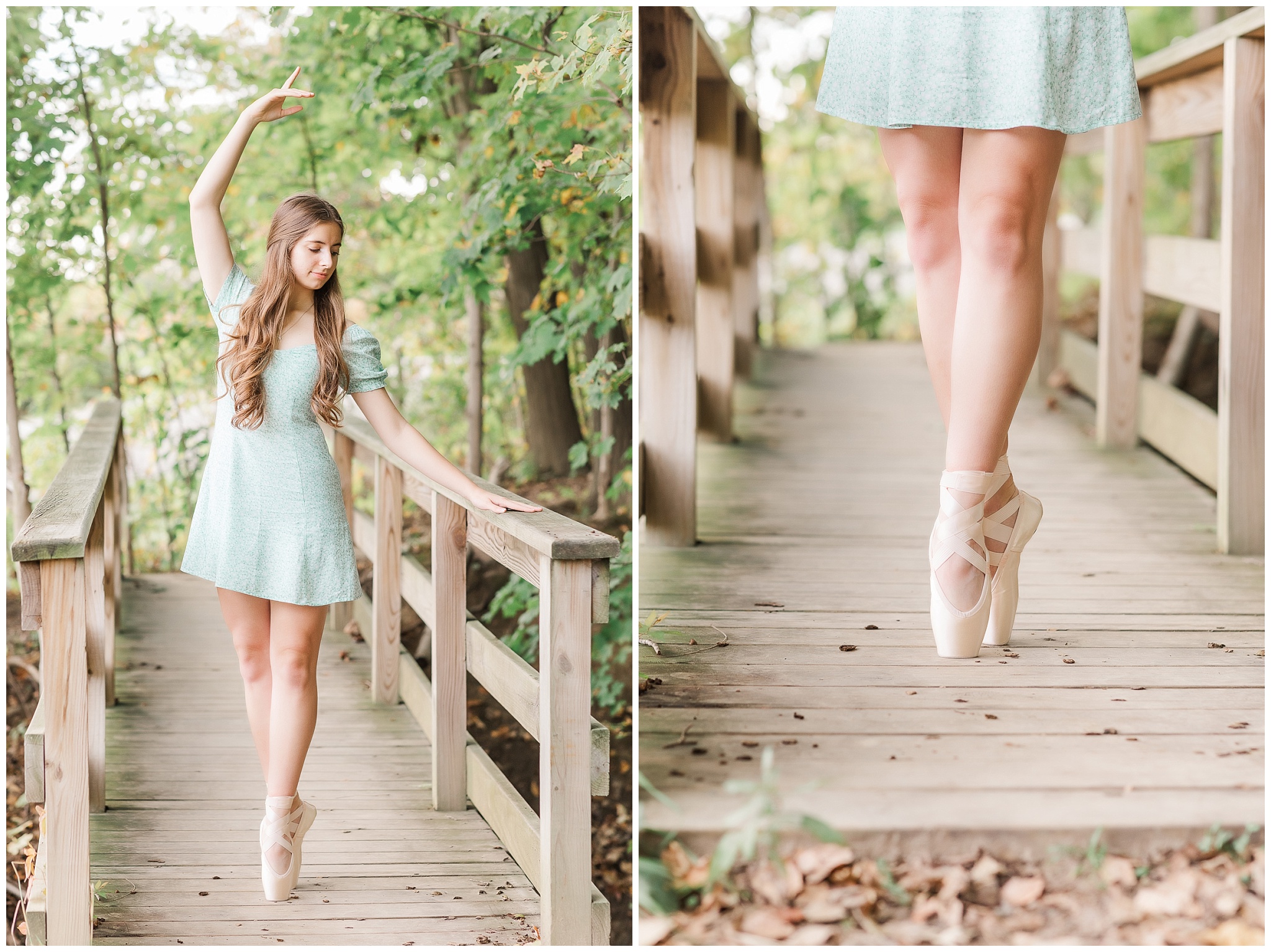 Senior girl in ballet pointe shoes on bridge at Metea Park Fall Senior Session Senior girl in ballet pointe shoes on bridge at Metea Park Fall Senior Session