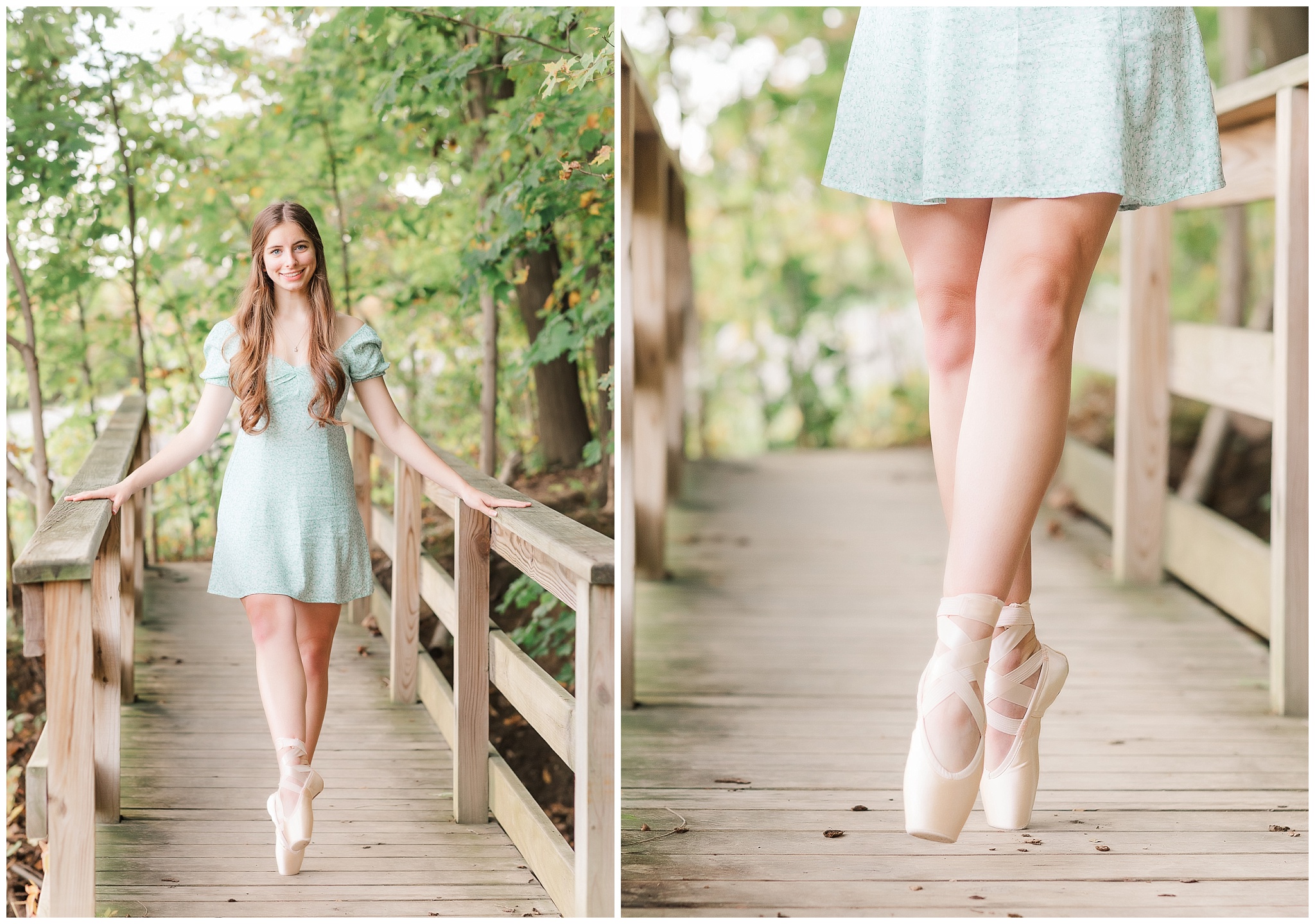 Senior girl in ballet pointe shoes on bridge at Metea Park Fall Senior Session